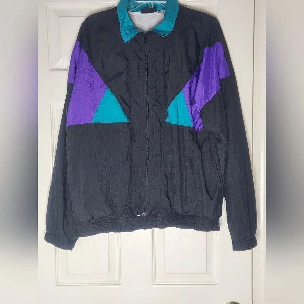 Vintage 90s Akita Wear L Black Purple Turquoise Zipper Lined Women's Windbreaker